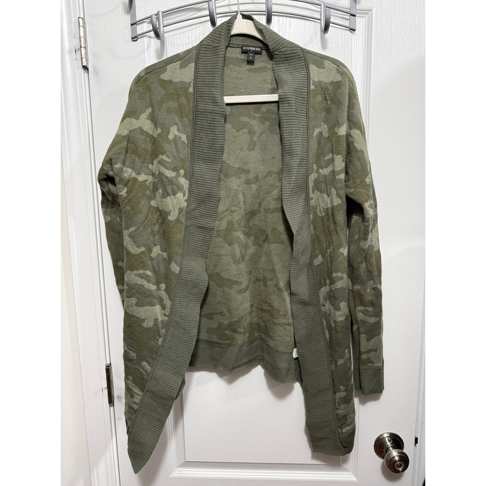 Express Womens S Camouflage Open Front Cardigan Green Cotton Knit Sweater Camo